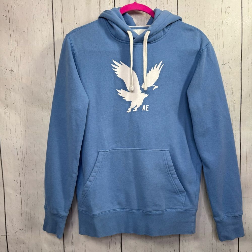 American Eagle Super Soft Logo Hoodie XS Cozy Casual Minimalist Light Blue Comfy